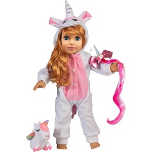 Dress Along Dolly Unicorn Onesie Pajama Doll Outfit with Unicorn Pet and Hair Clip (3pc PJ Set) - Premium Handmade Clothes Costume for All 18 inch - 1 of 4