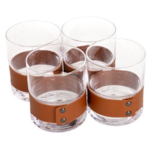Bruno Magli Whiskey Rock Glasses with Leather Band, Set of 4, 13-Oz Old Fashion Glasses, Clear Barware Glasses for Scotch, Bourbon, and Liquor - 1 of 4