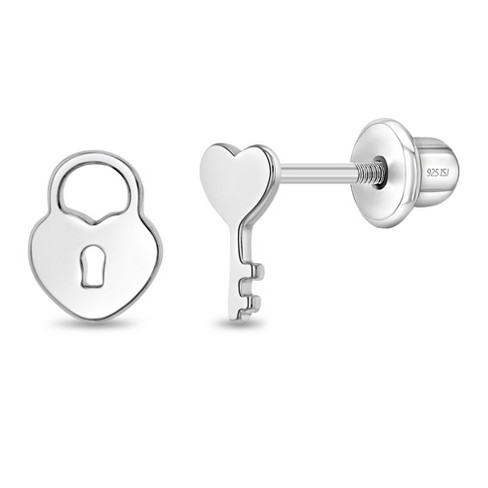 Girls' Lock & Love Screw Back Sterling Silver Earrings - In Season Jewelry - image 1 of 4