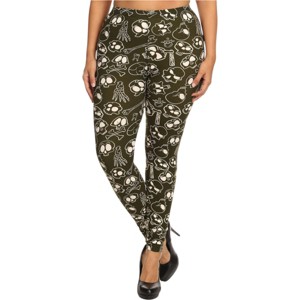 Slickblue Plus Size One Size Skulls & Bones Printed Leggings, Full Length, Banded High Waist, Stretch Fit, Black/Green - 1 of 4