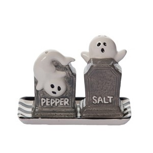 Dolomite Haunted Tombstone Salt and Pepper Shaker with Plate Set of 3 - 1 of 4