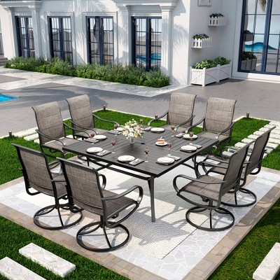 Captiva Designs 9pc Spacious Slat-top Square Metal Table with Umbrella Hole & Padded Textilene Swivel Chairs