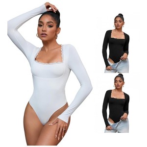 INSPIRE CHIC 3 Pcs Women's Lace Square Neck Long Sleeve Tummy Control Body Shapers - 1 of 4