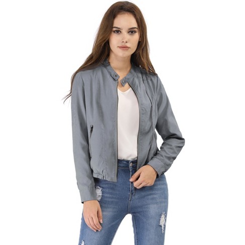 Allegra K Women's Stand Collar Zip Up Biker Lightweight Moto Jacket Grey  X-small : Target