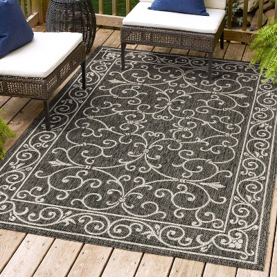 Charleston Black and Gray Filigree 9' x 12' Indoor/Outdoor Area Rug