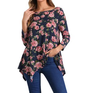 Seta T Women's Scoop Neck 3/4 Sleeve Asymmetrical Hem Floral Tunic Blouse Tops with Pockets - 1 of 4