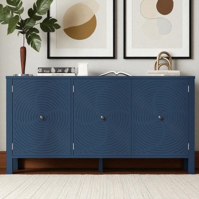 3-Door Sideboard with Swirl Patterned MDF Doors, Adjustable Shelves, Central Support Leg and Retro Metal Handles for Kitchen, or Dining Room