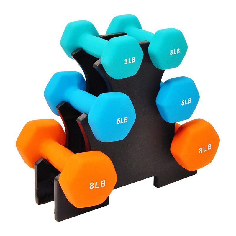 BalanceFrom Fitness 3 Pair Neoprene Coated Hexagon Shaped Dumbbell Set with 3, 5, and 8 Pound Hand Weights, Weight Stand, and Assembly Tool, 1 of 7