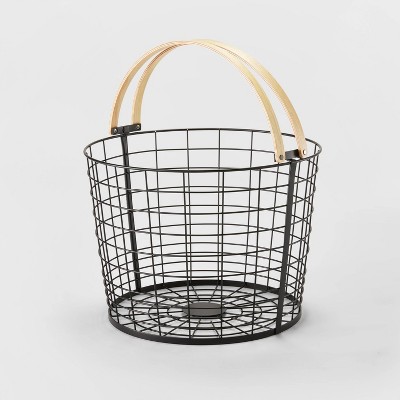 Round Black Wire with Natural Wood Handles Floor Basket - Brightroom&#8482;