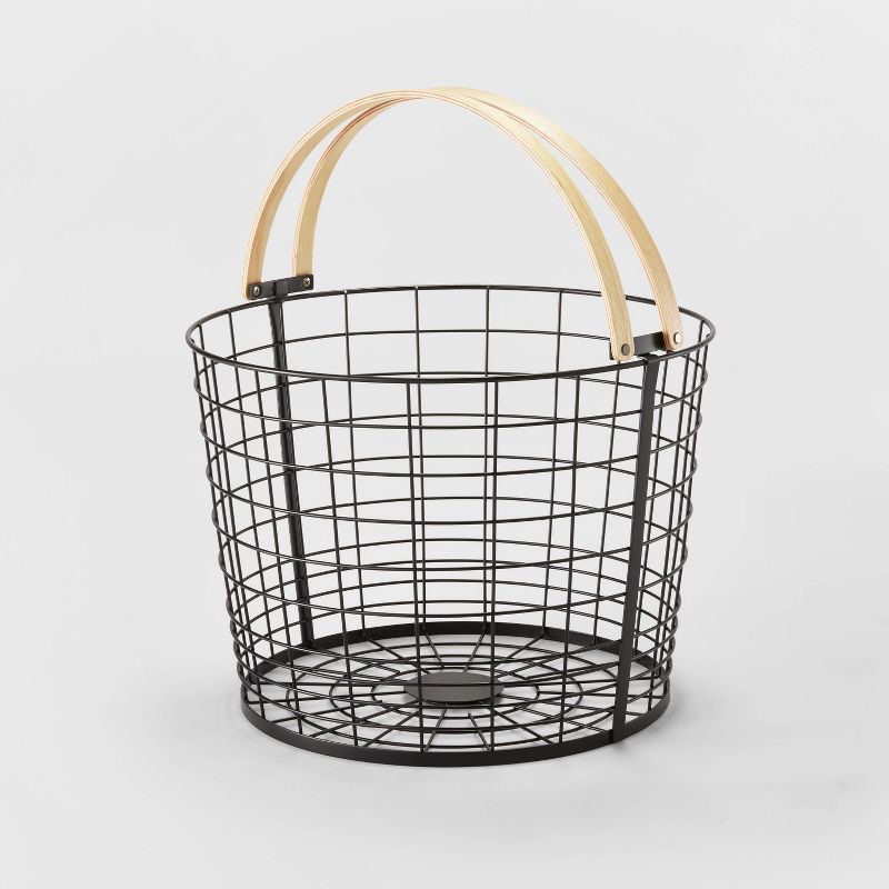 Round Black Wire with Natural Wood Handles Floor Basket - Brightroom&#8482;, 5 of 6