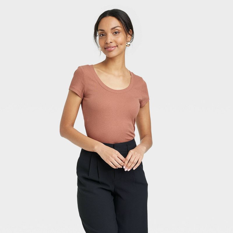 Women's Slim Fit Short Sleeve Ribbed Scoop Neck T-Shirt - A New Day™, 1 of 9
