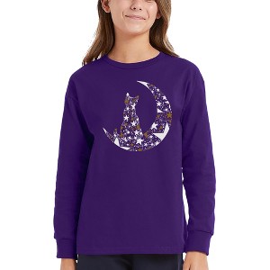 LA Pop Art Cat Sitting On Moon - Girl's Word Art Long Sleeve T-Shirt - 1 of 4
