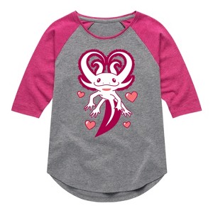 Girls' - Instant Message - Axolotl Heart Fins Shirt Tail Raglan Graphic T-shirt - 1 of 4