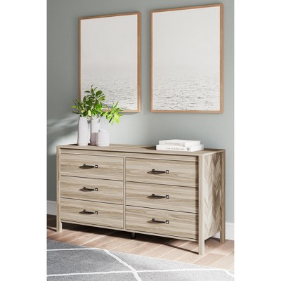 Beige Mid-Century Modern 6-Drawer Dresser with Chevron Pattern