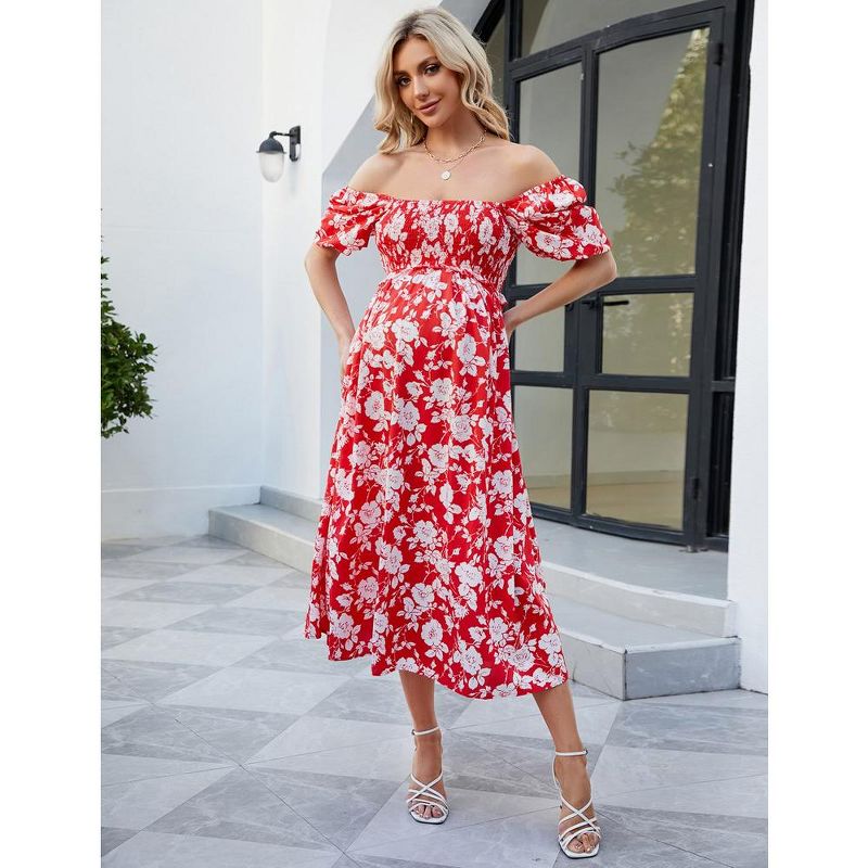 WhizMax Women's Maternity Dress Summer Floral Print Square Neck Puff Sleeve Maxi Dress Casual Ruffle A Line Dress for Babyshower, 3 of 8