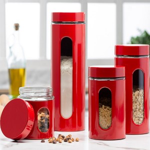 Leraze Set of 4 Red Stainless Steel Canisters with Glass Window & Airtight Lid - 1 of 4