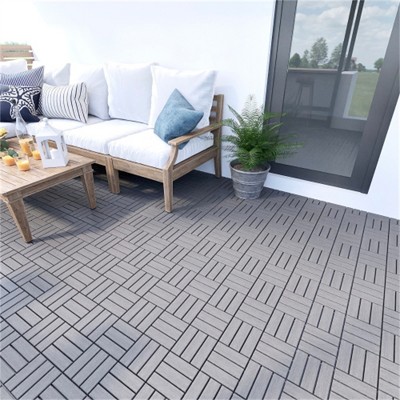 SKRAN Interlocking Deck Tiles Checker Pattern, Light Gray Square Acacia Hardwood Outdoor Flooring for Patio, Bancony, Pool Side
