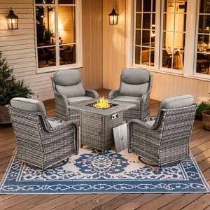 Buenhomino 7 Pieces Outdoor Patio Furniture Set with 30" Square Fire Pit Table, Rattan Wicker Swivel Rocker Chairs Sets - 1 of 4