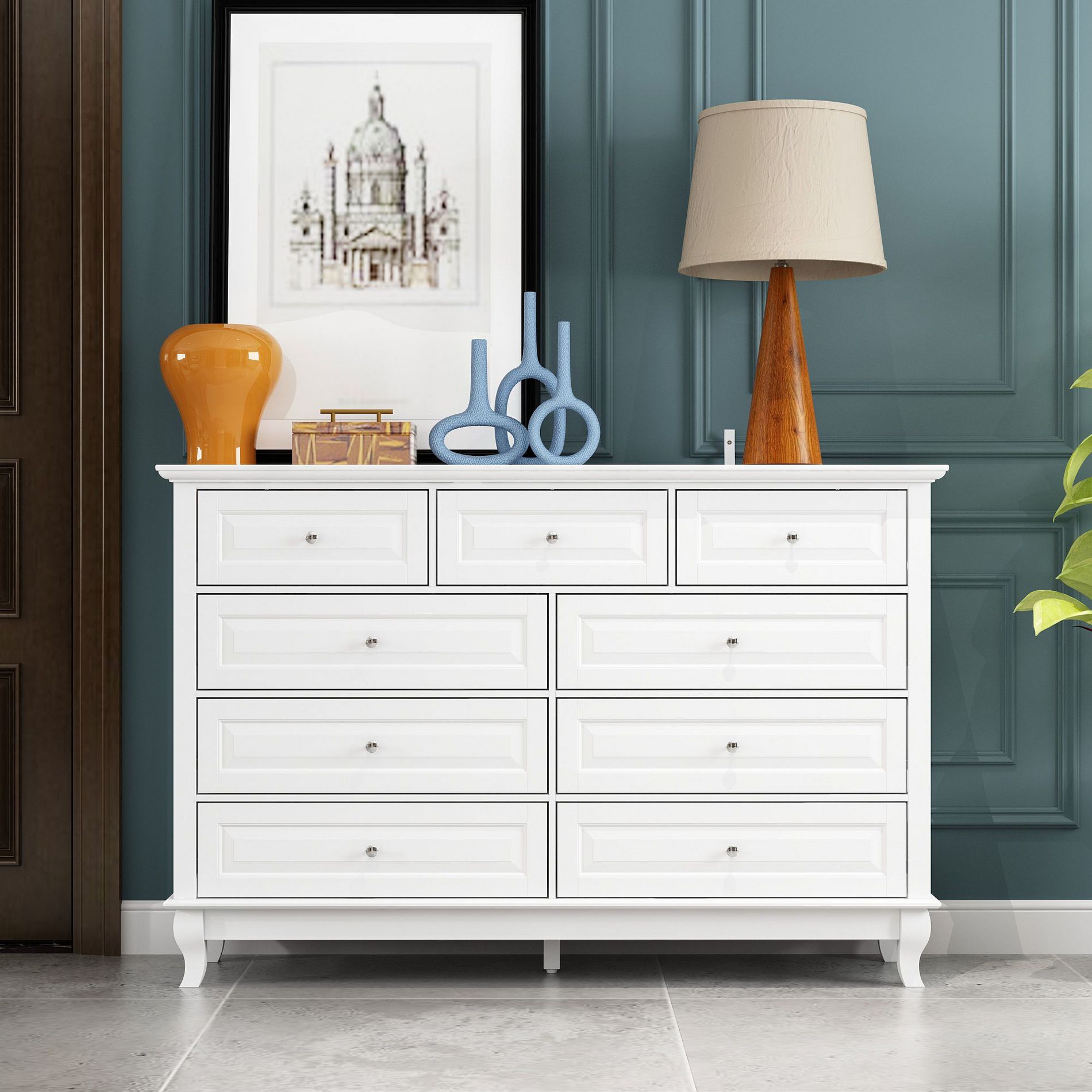 Famapy White 9 Drawer Dresser Classic Style Metal Button Handles 5 Support Legs