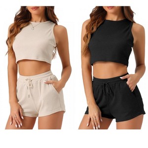 cheibear Women's 2 Pack Waffle Sleeveless Tank Top and Shorts Pajamas 2 Piece Sets - 1 of 4