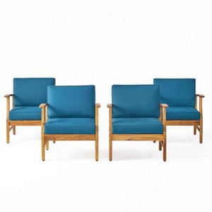Perla 4pk Acacia Wood Club Chairs - Teak/Blue - Christopher Knight Home: Outdoor Seating with Iron Hardware, Foam Cushions - 1 of 4