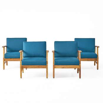 Perla 4pk Acacia Wood Club Chairs - Teak/Blue - Christopher Knight Home