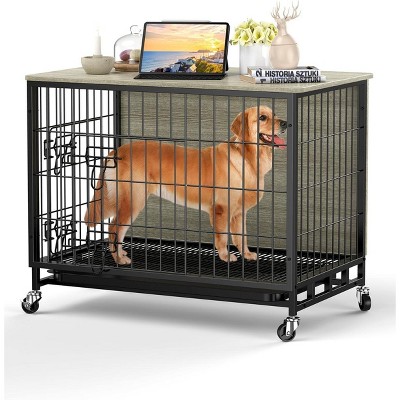 Wooden Dog Crate Furniture with Wheels and Double Door – Modern Pet House, Removable Tray, Stylish End Table for Living Room, Bedroom, and Outdoors