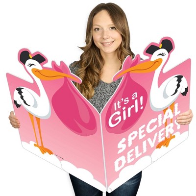 Big Dot of Happiness Girl Special Delivery - It's A Girl Stork Congratulations Giant Greeting Card - Big Shaped Jumborific Card