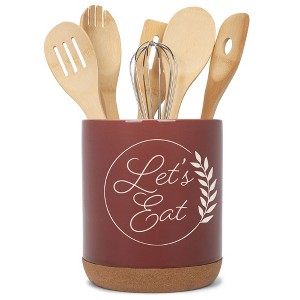 Elanze Designs Let's Eat Laurel Wheat Ceramic Cork Bottom Red Large Capacity Utensil Holder Crock for Countertop Storage, Stylish & Durable for - 1 of 4