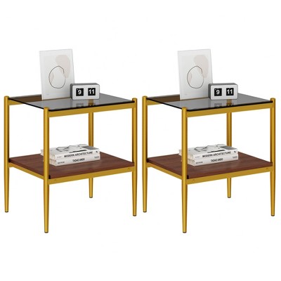 LOVMOR 2-Tier Tempered Glass End Table Set of 2, Rectangle Coffee Tabletop with MDF Layer, Modern Side Table for Living Room