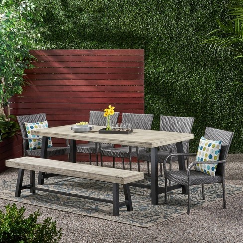 Lyons 7pc Acacia Wood Rustic Dining Set, Lyons Steel Propane Fire Pit Tables