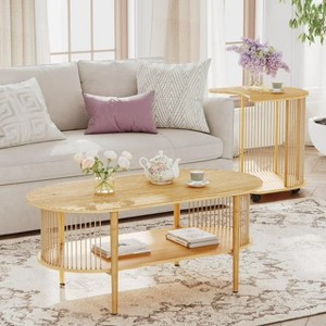 Brafabhome Boho Round Coffee Table Set with Hand-Woven Natural Rope, Living Room Table Set with Storage Shelf and Metal Frame for Home Office - 1 of 4