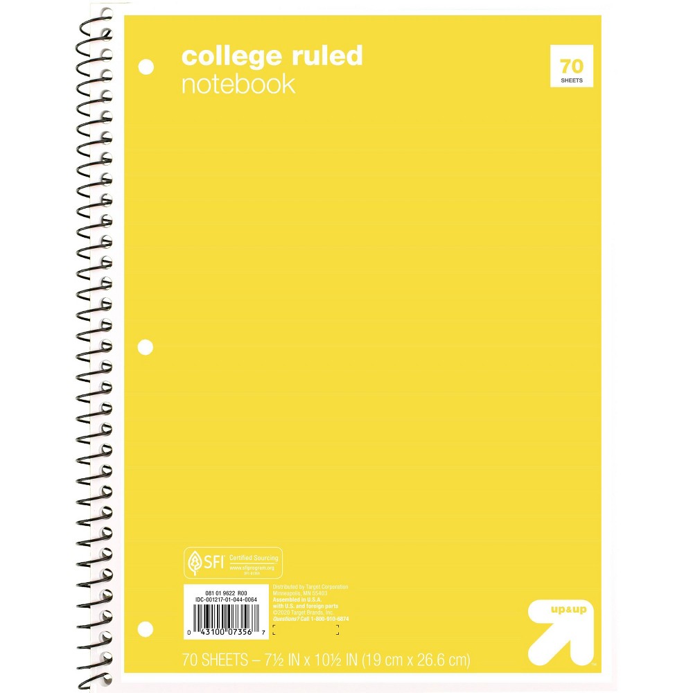 college ruled yellow 1 subject flexible paperboard cover spiral notebook - up&up™: 70 pages, 3 hole punched, 7.5x10.5"