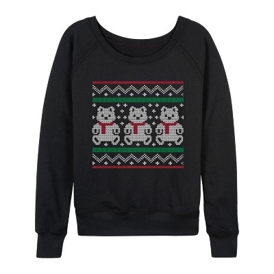 Women's - Instant Message - Teddy Bear Ugly Sweater Lightweight French Terry Wide Neck Long Sleeve Graphic Shirt