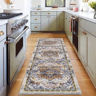 Vintage Floral Area Rug Stain Resistant Low Pile Distressed Carpet, 2'x6' Orange/Grey/Multi