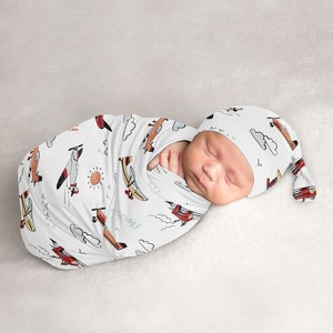 Sweet Jojo Designs Boy Baby Cocoon and Beanie Hat Swaddle Wrap Airplane Red Blue and White 2pc - 1 of 4
