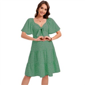 Clearlove Dresses for Women Summer Casual Short Sleeve Deep V Neck Tie Front Beach Wedding Mini Dress - 1 of 2