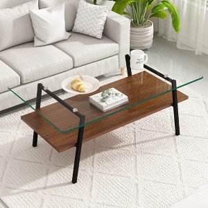 Rectangle Coffee Table, Tempered Glass Tabletop, with Metal Legs, Modern Table for Living Room - 1 of 4