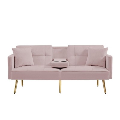 NicBex 69.2 Inch Velvet Futon Sofa Bed with 2 Hidden Cup Holders and 2 Pillows for Living Room,Office,Apartment