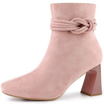 Allegra K Women's Knot Decor Square Toe Side Zip Chunky Heels Ankle Boots