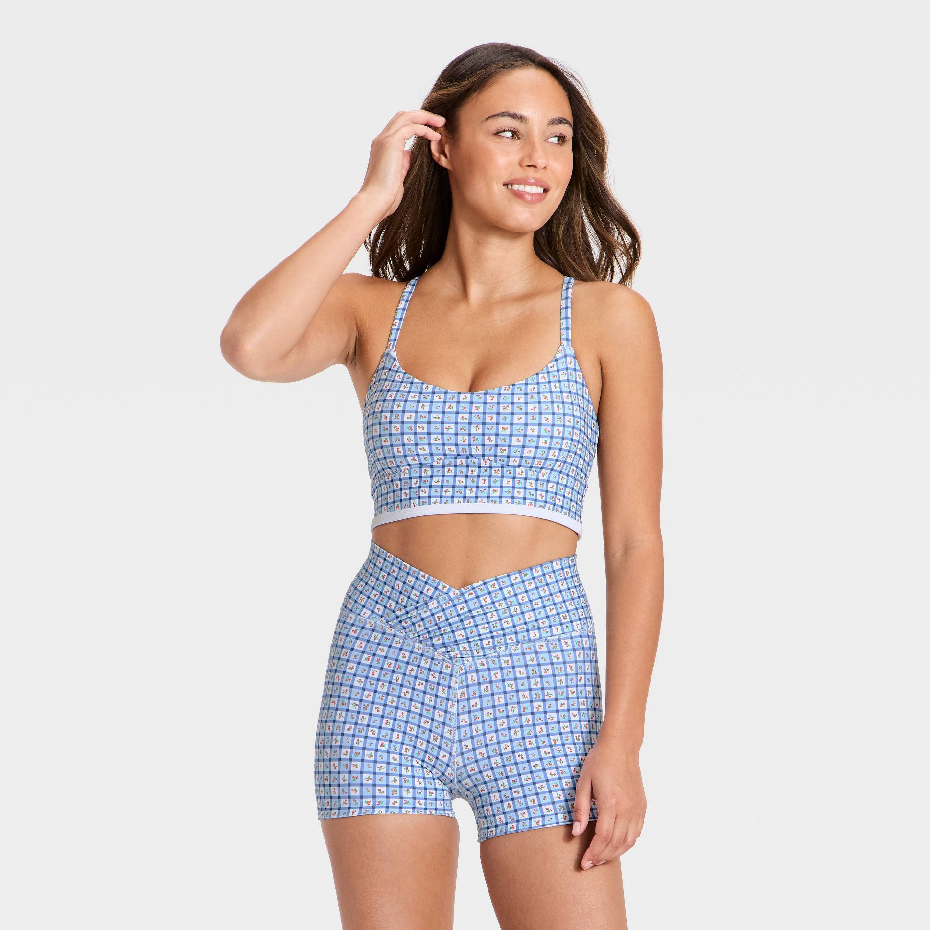Women's Piped Sports Bra - JoyLab™ Dark Blue Plaid Floral S