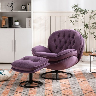 CAVINAS Modern Velvet Accent Chair with Ottoman, Armless Upholstered Lounge Chair with Black Metal Legs for Living Room or Bedroom