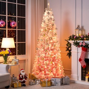 Yaheetech 6Ft/7.5Ft/9Ft Prelit Flocked Pencil Artificial Christmas Tree with Warm White Lights & Snow Branch Tips, Hinged Spruce, Green - 1 of 4