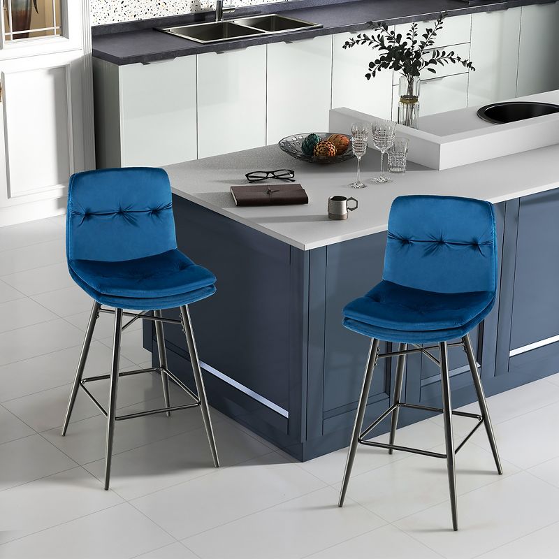 Costway Set of 2 Velvet Bar Stools Bar Height Kitchen Dining Chairs with Metal Legs Blue/Grey, 2 of 10
