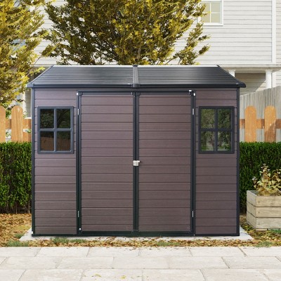 Outdoor Backyard Storage Shed, Storage Shed with Floor and Windows and Lockable Door, Resin Storage Shed with Steel Frame-Coolbibila