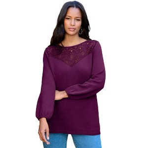 Roaman's Women's Plus Size Lace Mesh Pullover Sweater - 1 of 3