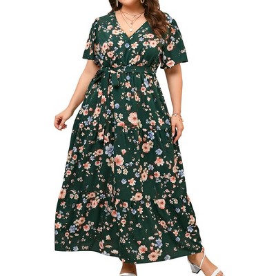 MISSKY Women Plus Size Wrap Dress High Waist Short Sleeve Ruffle Casual Summer Maxi Dresses with Belt