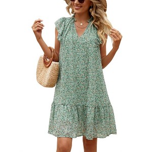 Women's Babydoll Mini Dress Summer V Neck Flutter Sleeve Boho Floral Flowy Shift Short Dress - 1 of 4