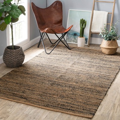 Handwoven Striped Black and Natural Jute Area Rug, 5' x 8'
