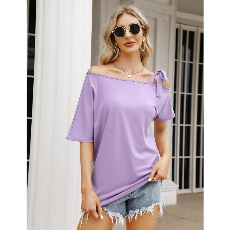 Womens Asymmetric Tee Open Shoulder Shirts One Shoulder Strape Tops Short Sleeve Tee Tops, 2 of 8